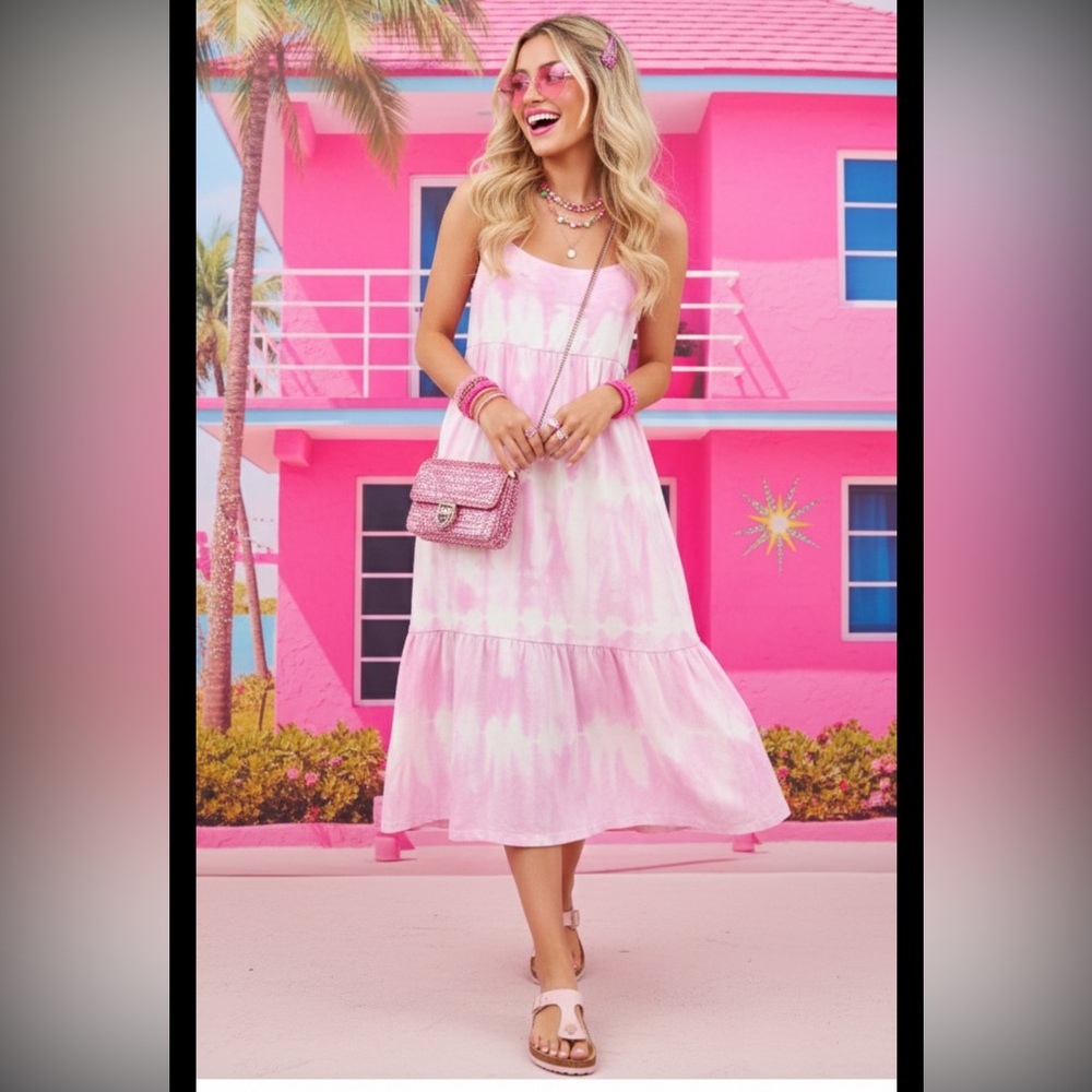 GAP Tie Dye Tiered Midi Dress in Pink Sz Large Boho Beachy Hippie Feminine